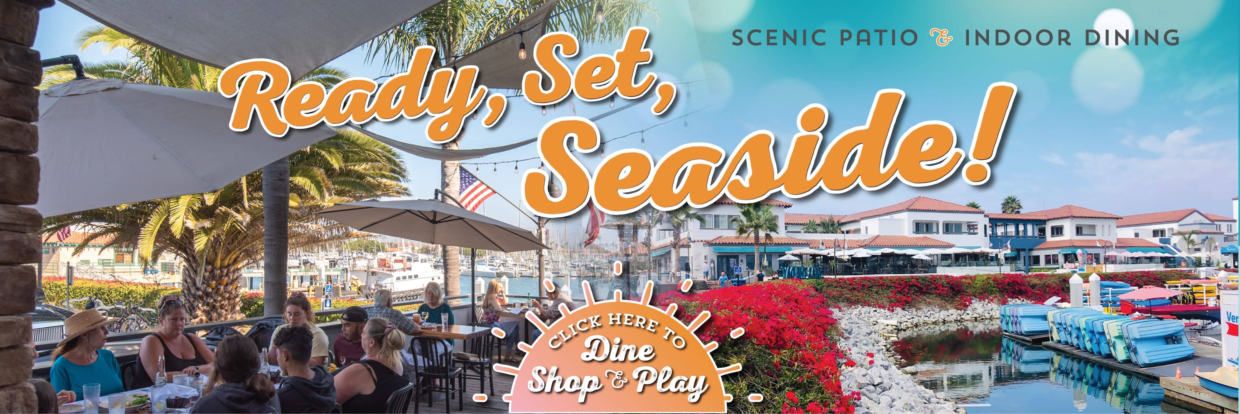 Graphic of group dining on outdoor patio along the waterfront with text that reads ready set seaside