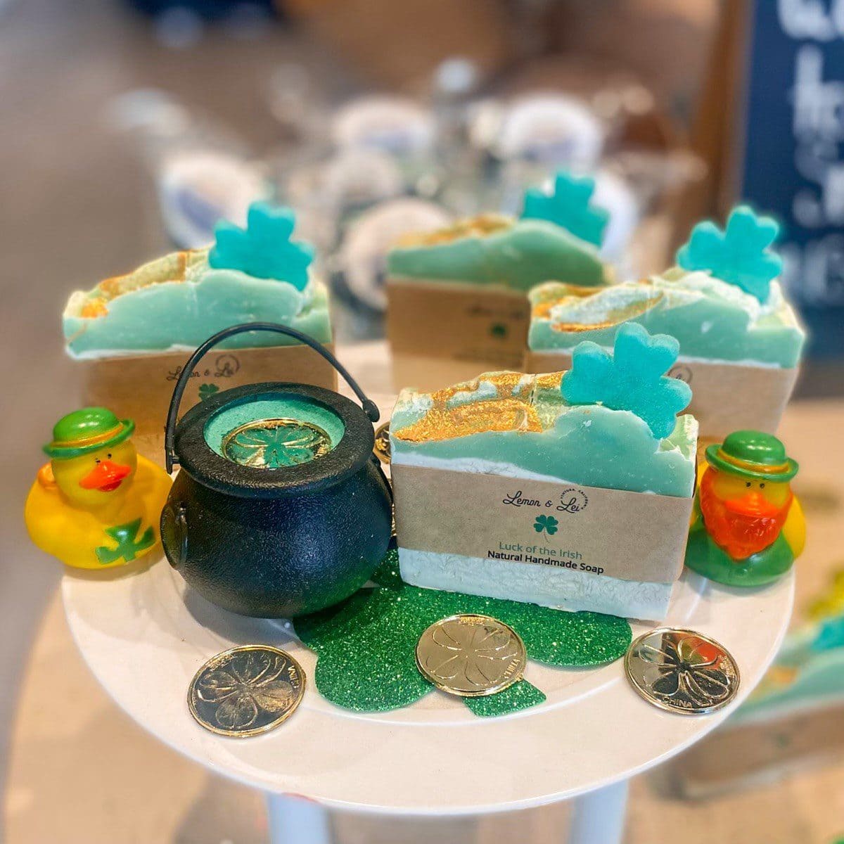 Photo of st. pattricks day themed bath bombs, soaps, and leprechaun rubber ducksr
