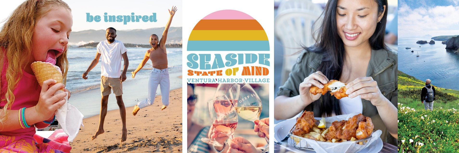a series of photos with a kid eating ice cream people jumping on the beach a lady enjoying seafood and the channel islands