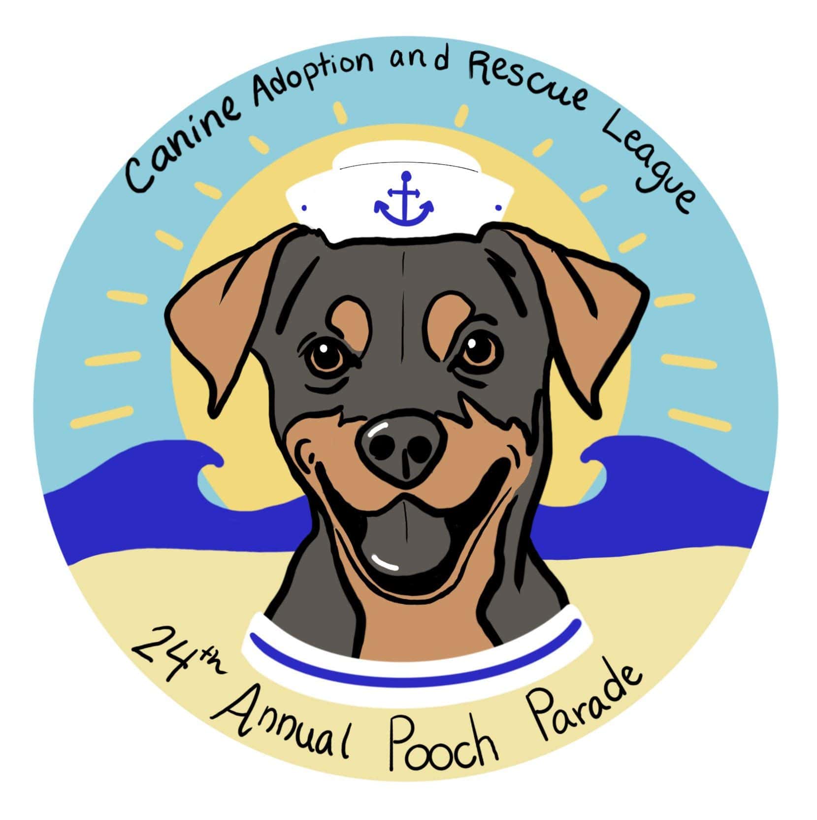 A logo for the Canine Adoption and Rescue League's 24th Annual Pooch Parade, featuring a dog wearing a sailor hat with an anchor emblem, against a backdrop of ocean waves and a sunny sky.