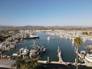 A view of a bustling marina with numerous boats docked, surrounded by low hills in the background under a clear blue sky.