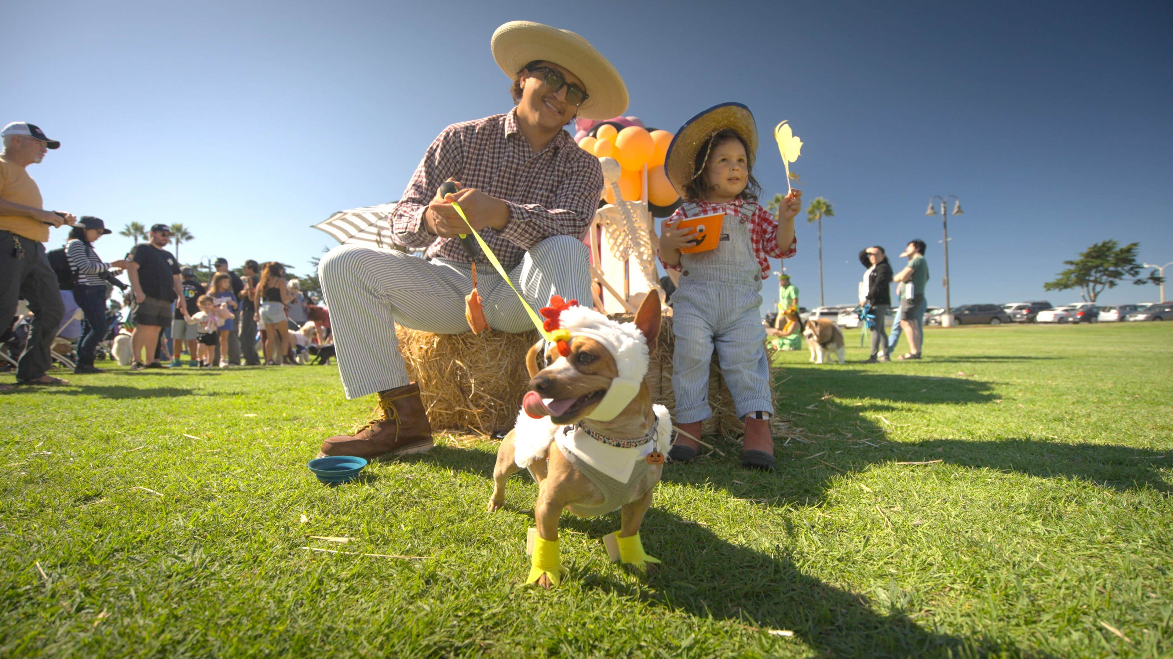 A man and child in cowboy hats are at a park with a dog dressed in a costume, surrounded by people and balloons on a sunny day.