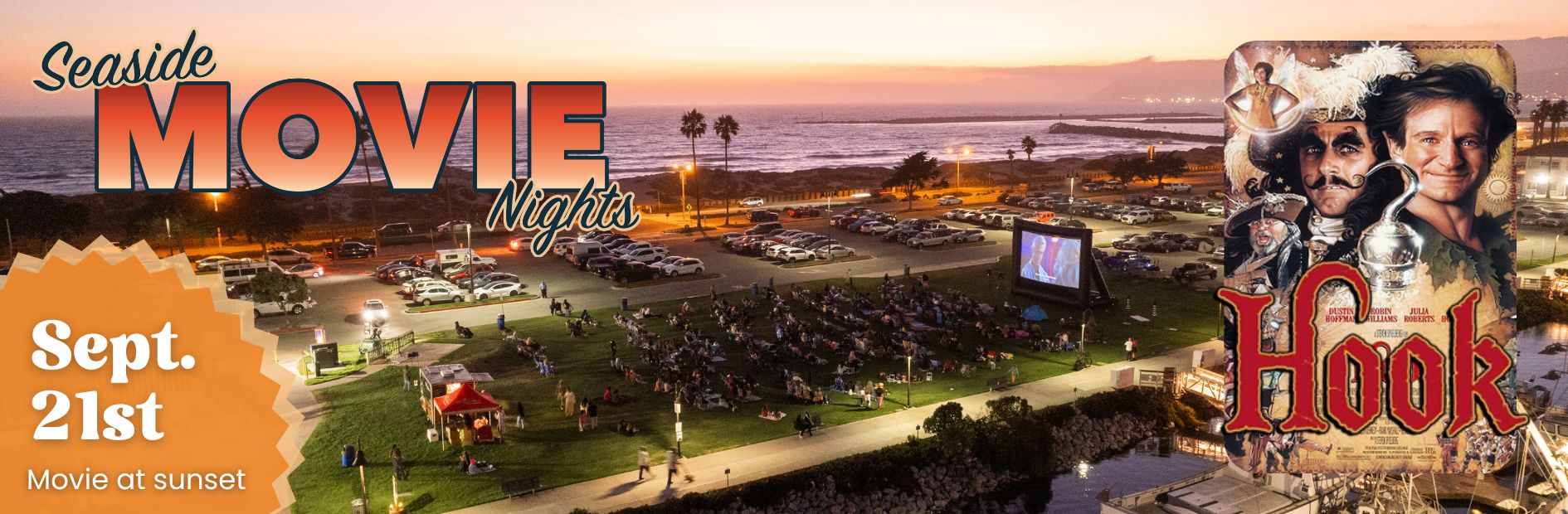 Outdoor movie night poster showing a seaside park with an audience watching a large screen displaying "Hook." Event date is September 21st at sunset.