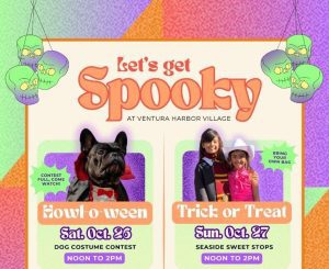 Event poster for "Let's Get Spooky" at Ventura Harbor Village. Includes a dog costume contest on Oct 26 and trick-or-treating on Oct 27, both from noon to 2 PM.