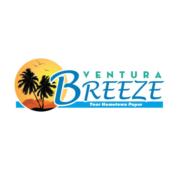 Logo for Ventura Breeze newspaper featuring a sunset with palm trees and birds. Text reads: Ventura Breeze - Your Hometown Paper.