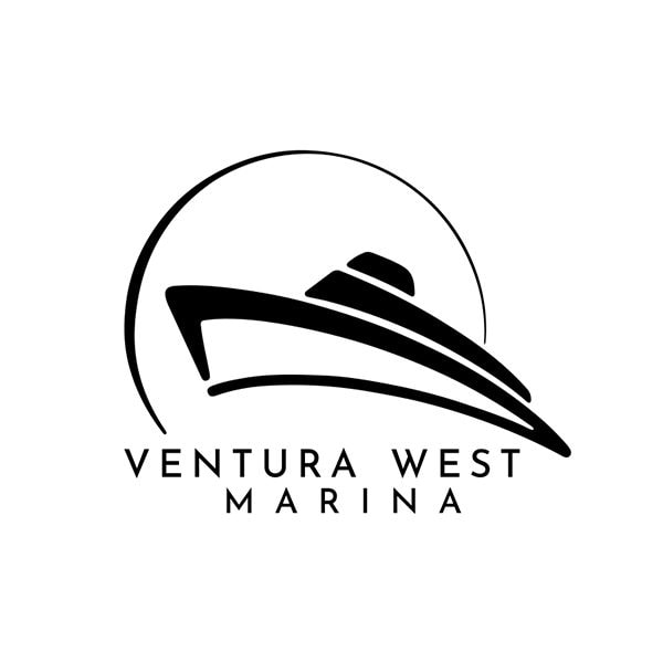 Black and white logo of Ventura West Marina featuring a stylized boat with a circle in the background.