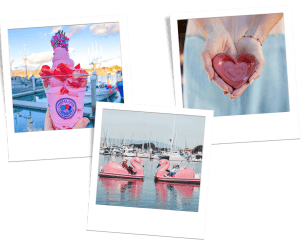 Collage of three photos: strawberry sundae, hands holding a red heart-shaped glass object, and two pink swan pedal boats on the water.