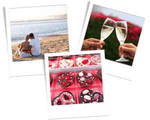 Three images: a couple sitting on a beach, two hands clinking champagne glasses, and heart-shaped decorated cookies in a box.
