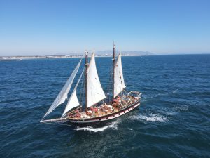 A large sailing ship with multiple sails is moving across a calm blue ocean under a clear sky, with distant coastline visible on the horizon.