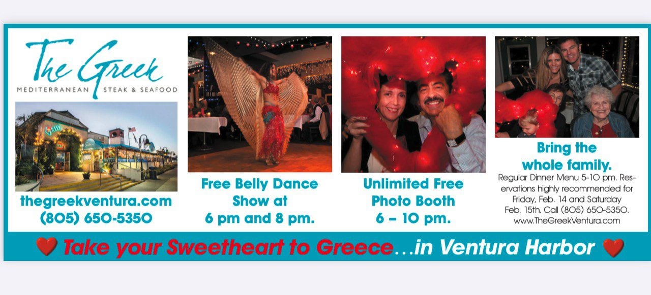 Flyer for The Greek Mediterranean Steak and Seafood, featuring images of the restaurant, a belly dancer, and a smiling couple. Offers free belly dance show and photo booth.