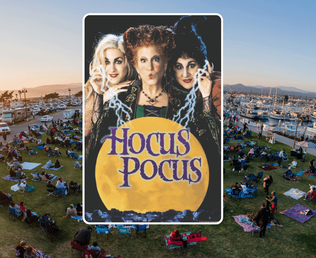hocus pocus movie cover over-layed on movie crowd on village lawn