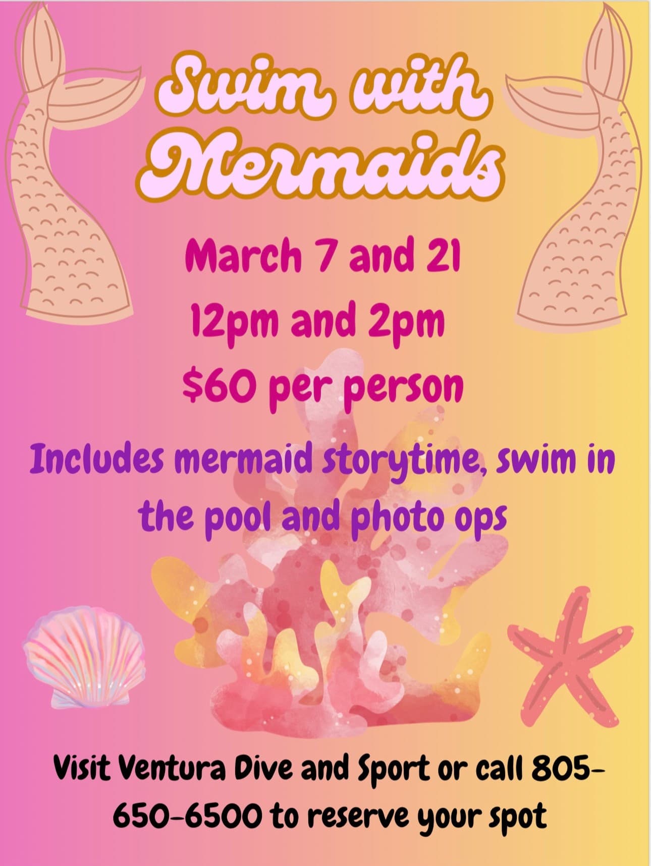 Event poster for 'Swim with Mermaids' at Ventura Dive & Sport with mermaid tails and sea shells.