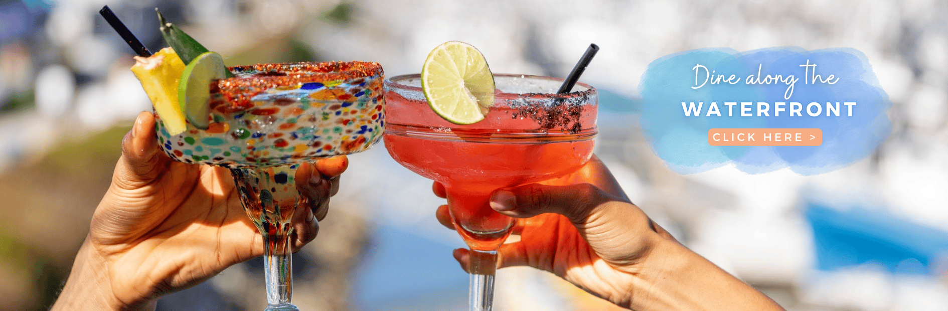 Two colorful cocktails with lemon slices at Ventura Harbor Village.