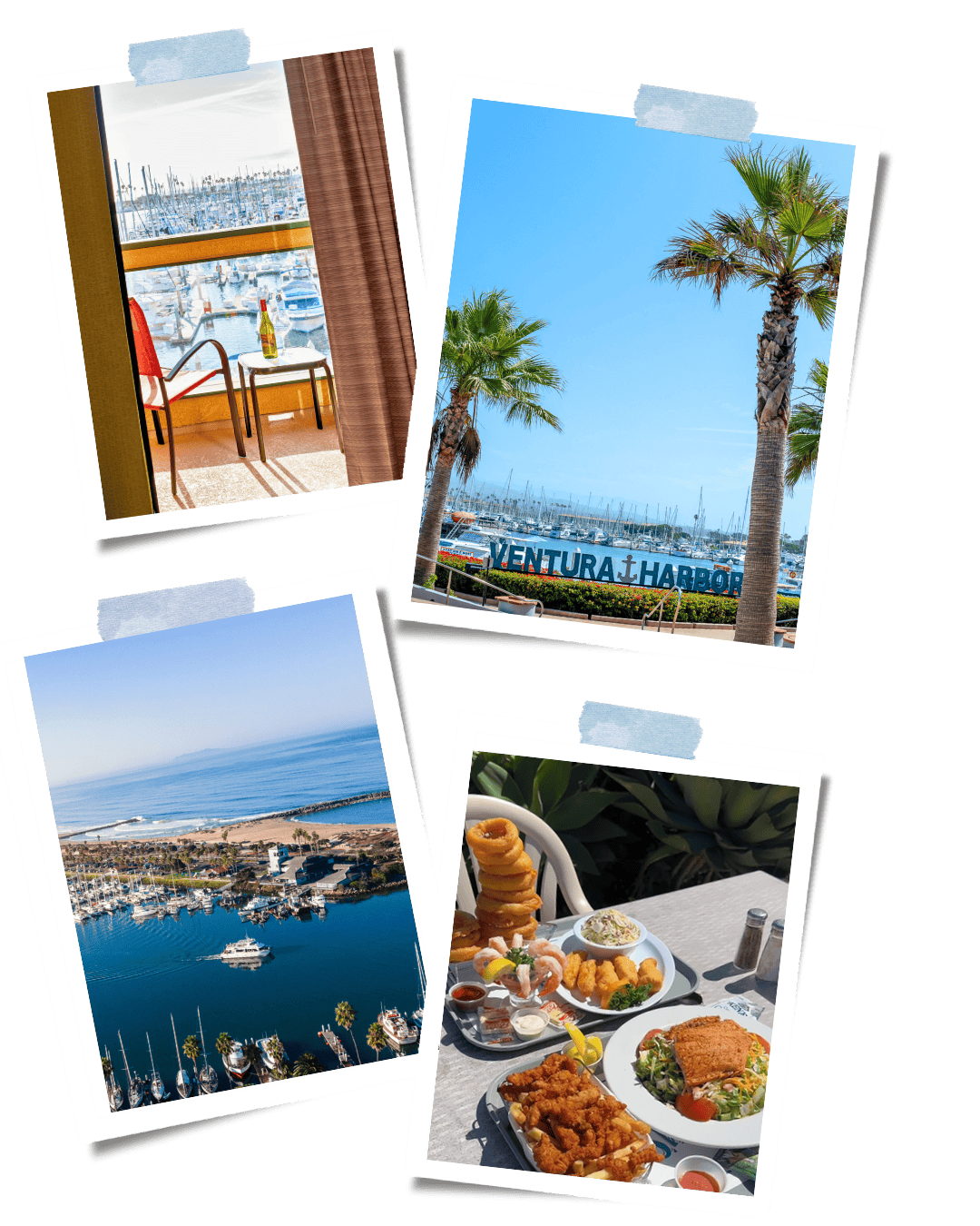 montage of ventura harbor village photos - harbor hotel views, marina views, island packers boat, delicious spread of village food.