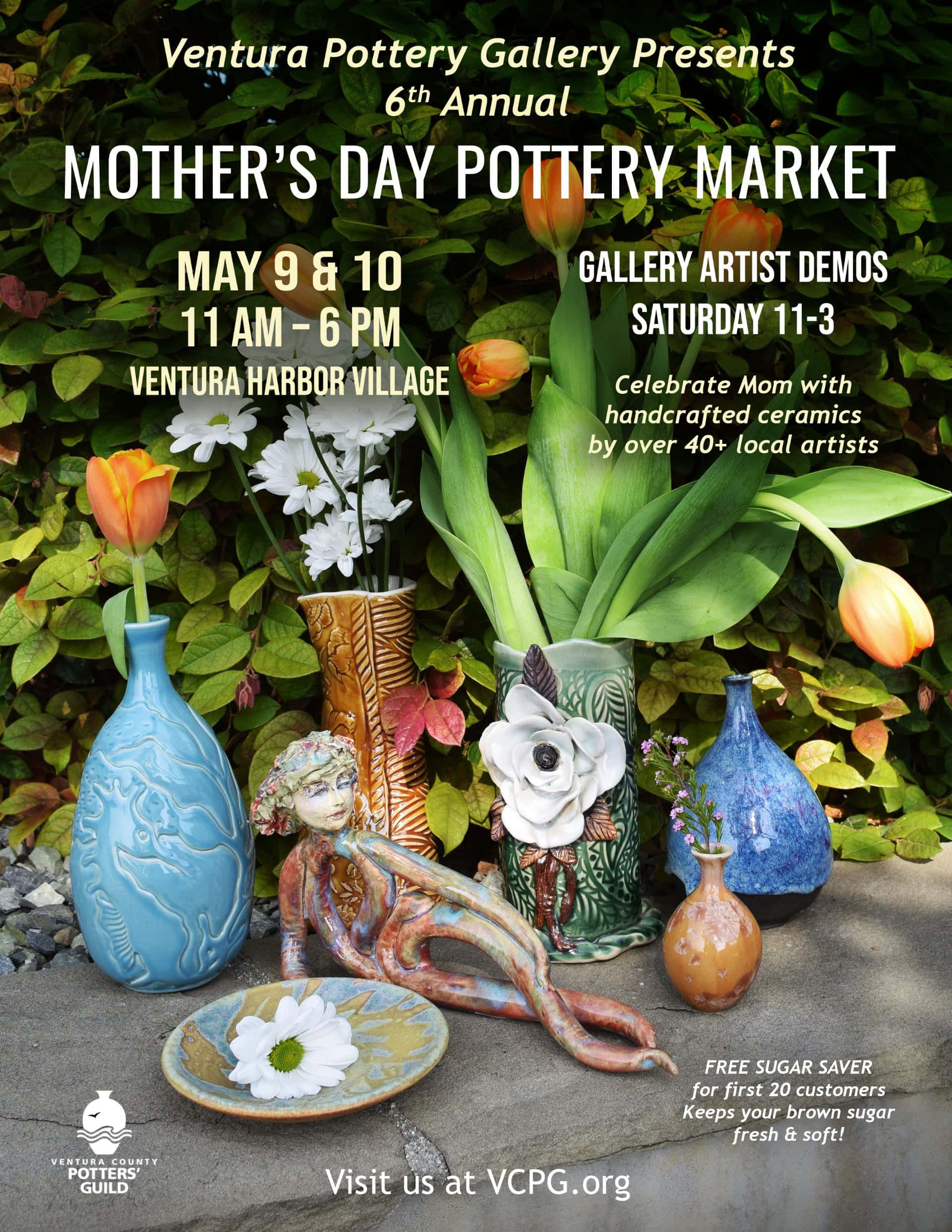 Colorful handcrafted pottery and ceramics at Ventura Harbor Village Mother's Day Market.