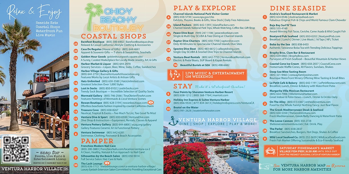 Ventura Harbor village map with list of shops