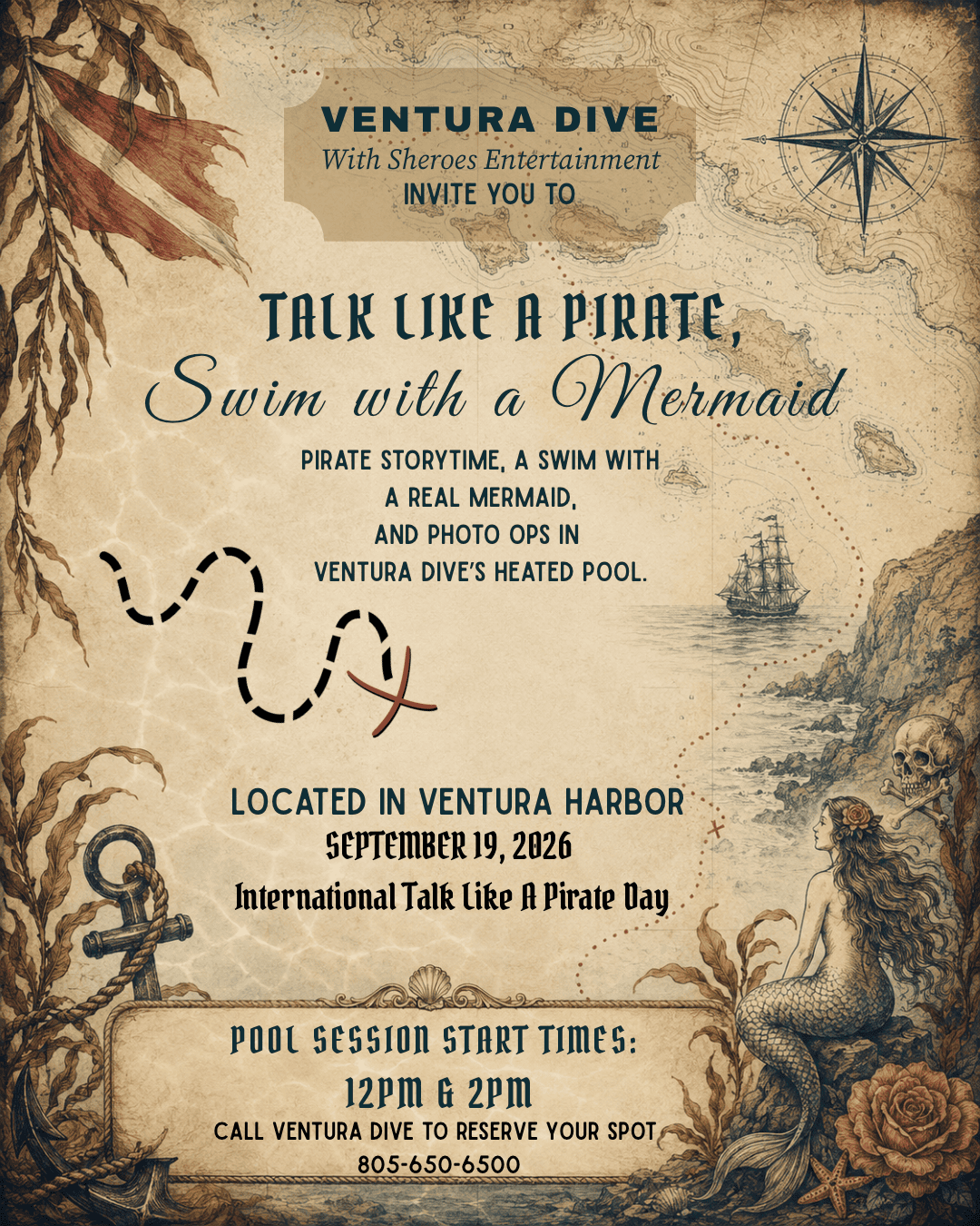 Pirate-themed event poster for Ventura Dive with mermaid and pirate storytime.