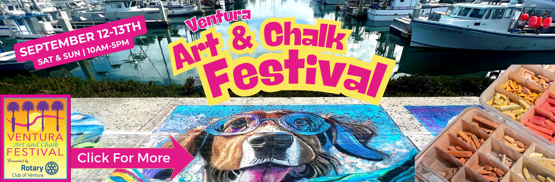 Colorful chalk art and boats at Ventura Harbor Village Art & Chalk Festival.