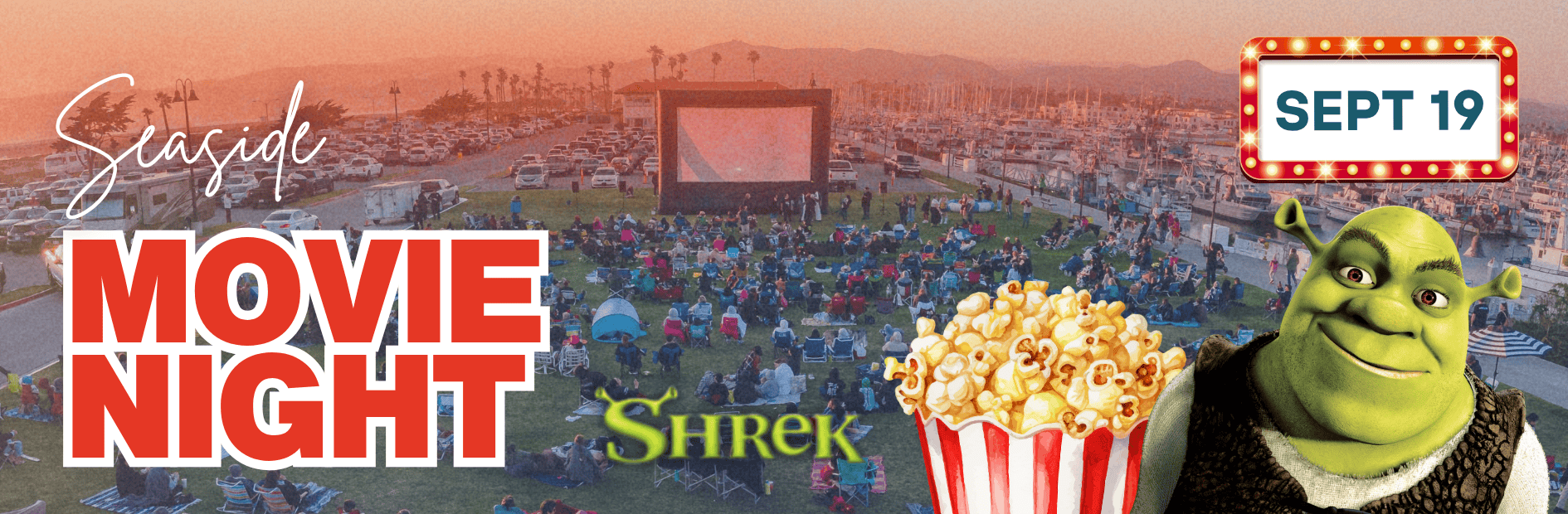 Ventura Harbor Village hosts a seaside movie night featuring Shrek with a large outdoor screen and a.