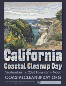 California Coastal Cleanup Day event poster with coastal scenery and event details.