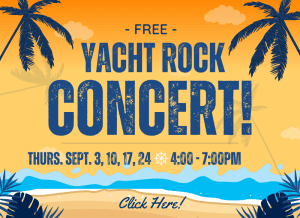 Ventura Harbor Village Yacht Rock Concert Series poster with palm trees and ocean scene.