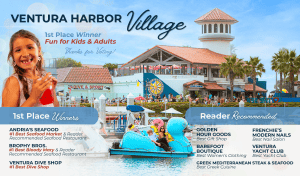 Colorful scene at Ventura Harbor Village with kids enjoying boat rides and shops.