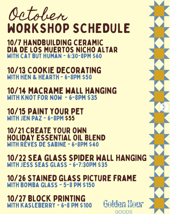 October workshop schedule at Ventura Harbor Village with various craft classes.