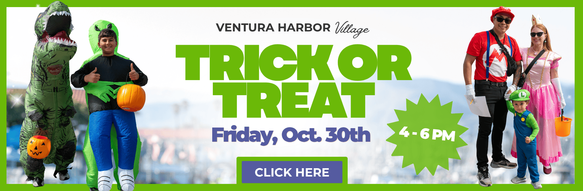 Family dressed in Halloween costumes at Ventura Harbor Village for Trick or Treat event.