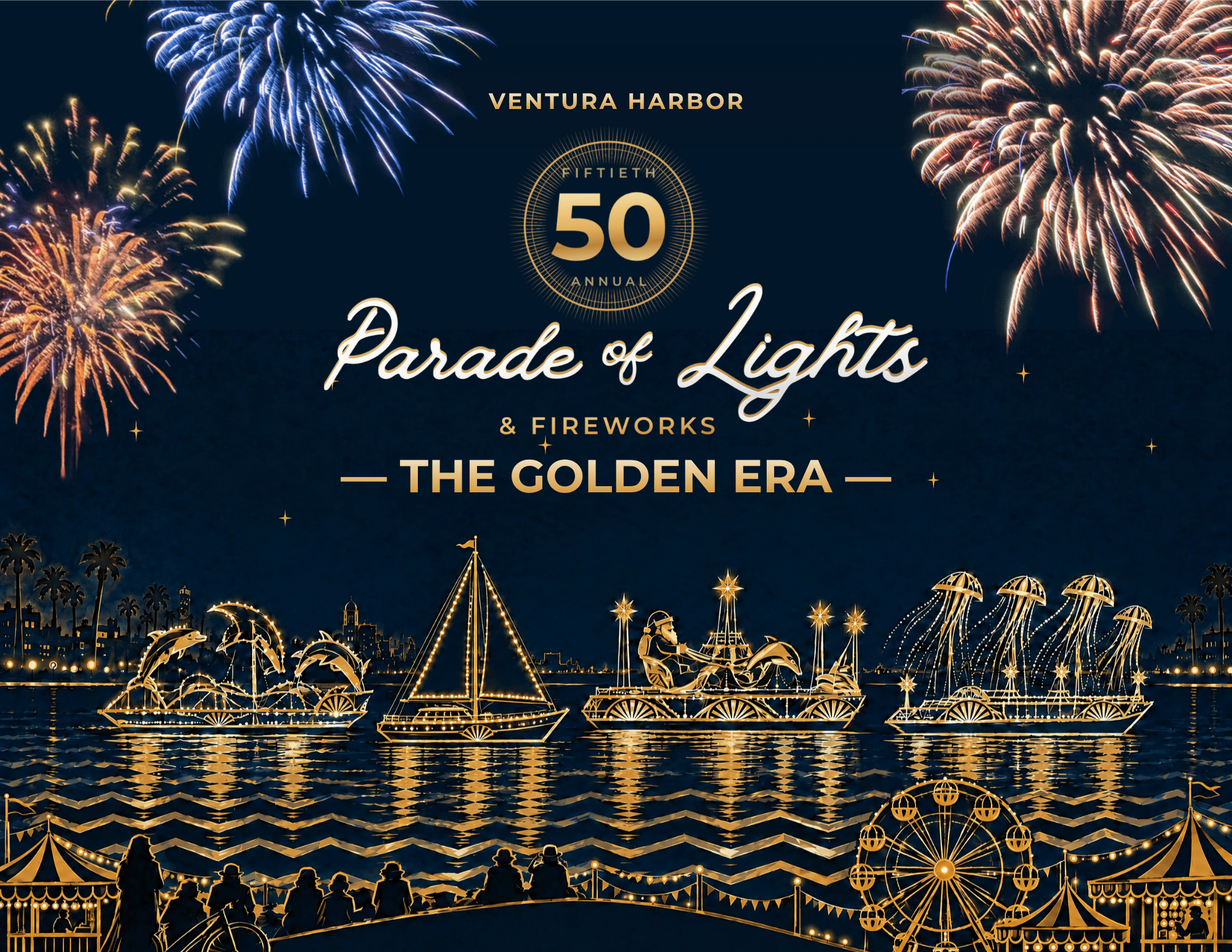 Fireworks over Ventura Harbor during the Parade of Lights 2026 event.